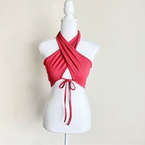 Mauve Pink Ribbed Criss Cross Tie Front Strappy Halter Crop Top